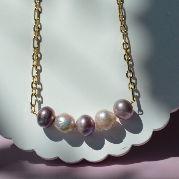 24.5" Natural Purple & White Edison Pearl Necklace – Gold Plated Chain - Picture 2 of 7